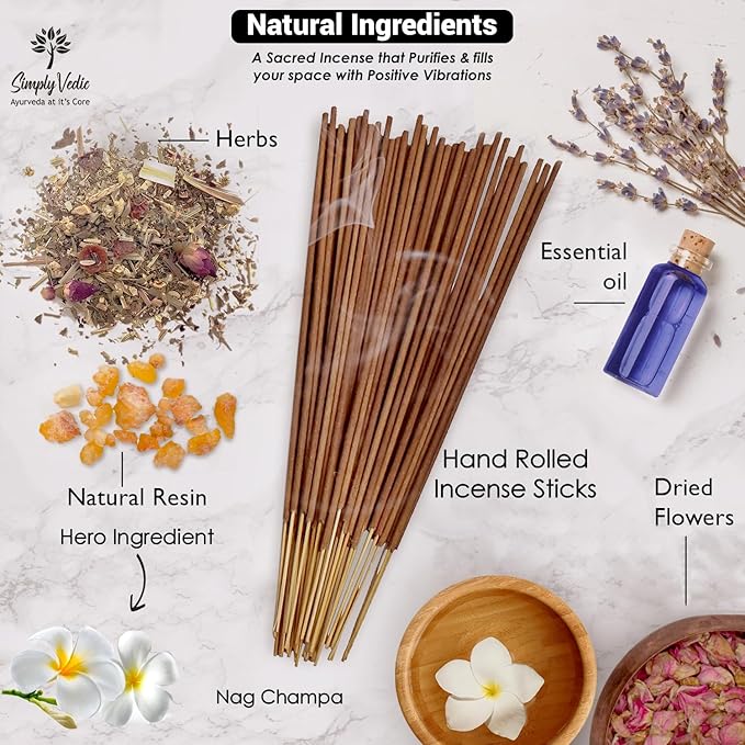 Simply Vedic Nag Champa Incense Sticks 250g with Holder β 135 Hand-Rolled Natural Agarbatti β No Charcoal, Long-Lasting Aromatherapy for Yoga, Meditation, Relaxation, Spiritual Healing, Pooja, Home
