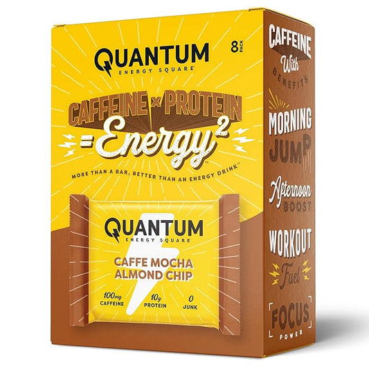 Quantum Energy Square: Energy Bar with Caffeine & 10g Protein. Delicious Healthy Snack On The Go. (Vegan, Gluten-free, Soy-free, Dairy-free) (Caffe Mocha Almond Chip)