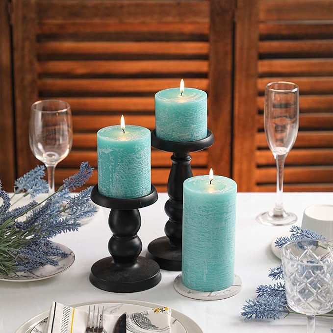 3x4 Inch Turquoise Pillar Candles Set of 3 - Unscented Candles, Long Clean Burning, Large Big Candles, Smokeless Dripless Pillar Candles for Dinner Table, Wedding, Home, Bathroom, Rustic Decor