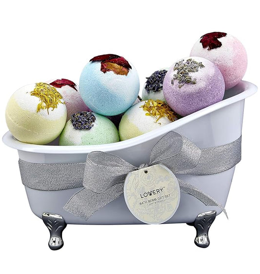 Bath Bomb Self Care Gifts for Women, White Elephant Gifts for Adults,10 Oversized Two Tone Bath Fizzies with Shea & Coco Butter Dry Flower Petals, Rich, Spa Bath Set in Cute Tub