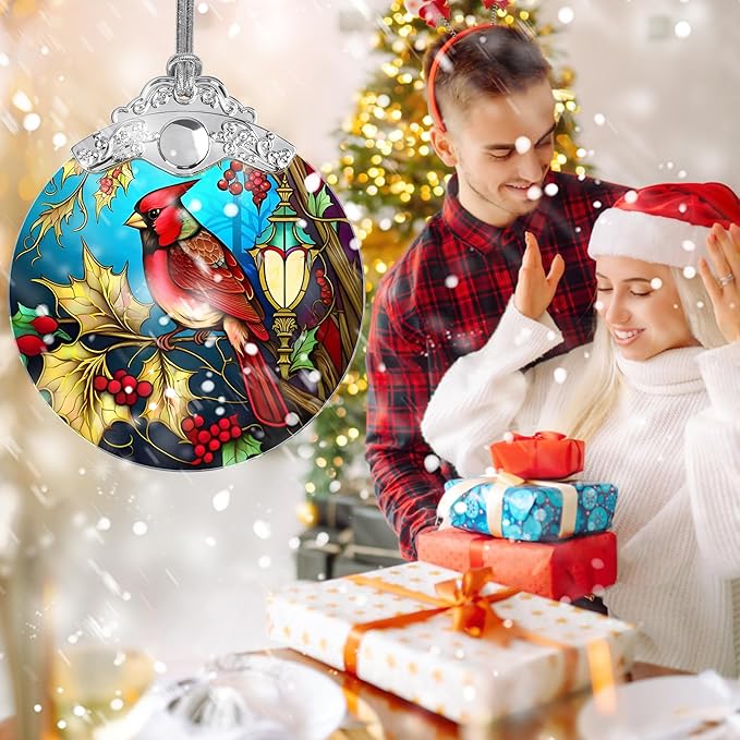 Christmas Ornament - Red Bird Cardinal Stained Glass Decor - Holiday Decorations and Xmas Gift Ideas for Tree