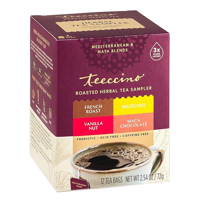 Teeccino Herbal Tea Sampler Assortment - 12 Tea Bags - Maca Chocolaté, French Roast, Hazelnut, Vanilla Nut - Roasted Caffeine Free Herbal Tea, Prebiotic for Natural Energy