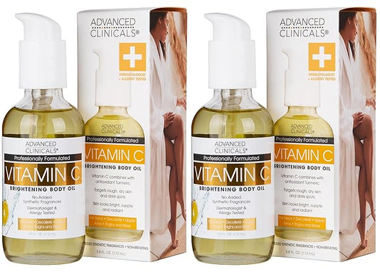Advanced Clinicals Vitamin C Brightening Body Oil For Women & Men | Vitamin C Oil Skin Care Body Moisturizer With Vitamin E + Botanicals To Help Improve Appearance Of Dark Spots + Dry Skin, 2PC