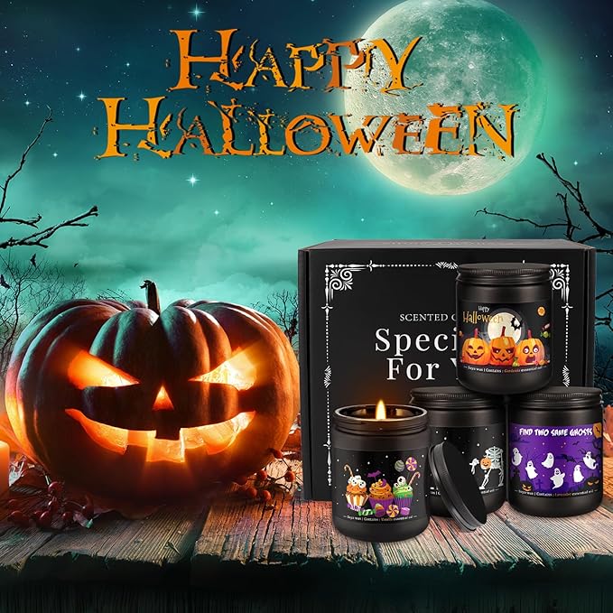 Halloween Scented Candle Set, 4-Pack 7oz Soy Wax Candles with 4 Fragrances, Long-Lasting Burning for Halloween, Christmas, Home Decor, Rituals & Themed Parties.