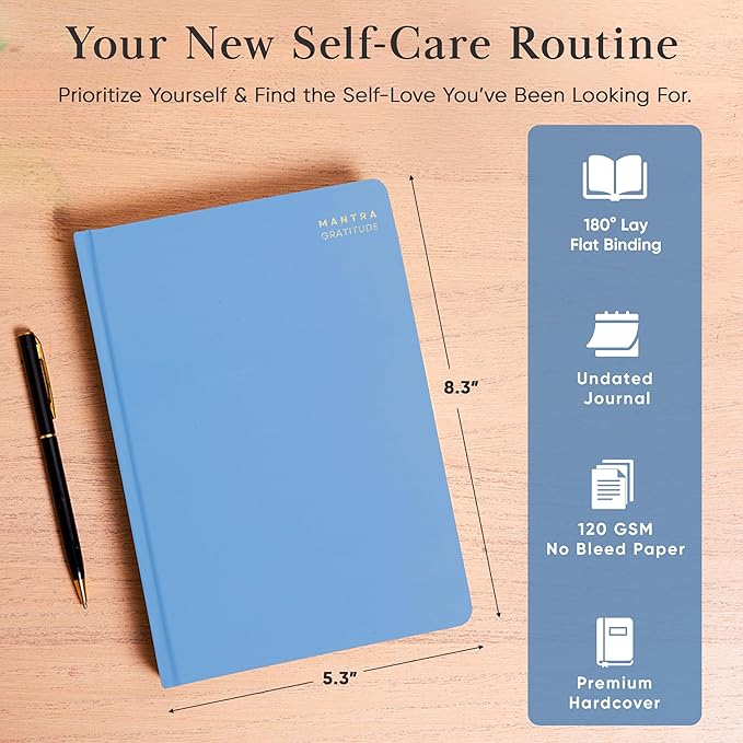Gratitude Journal For Women & Men - Mental Health, Self Love & Self Care Journal - Blue - 5.8" x 8.3" - Mantra Planner