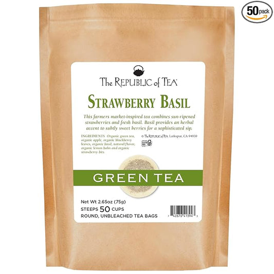 The Republic of Tea Organic Strawberry Basil Green Tea, 50 Tea Bags (Refill Bag)