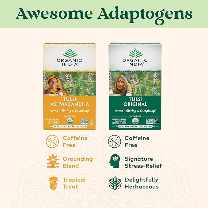 ORGANIC INDIA Tulsi Original Herbal Tea - Holy Basil and African Basil Calming and Stress Relief Tea, Immune Support, USDA Certified Organic, Non-GMO, Caffeine-Free - 18 Infusion Bags, 3 Pack
