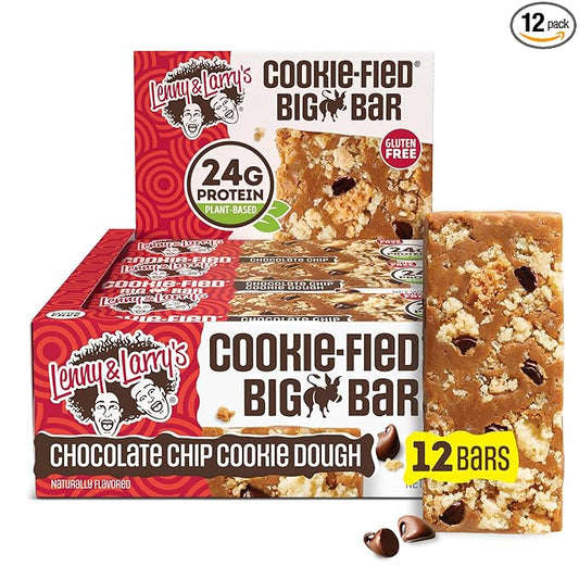 Lenny & Larry's Cookie-fied BIG BAR – Chocolate Chip Cookie Dough Vegan Protein Bars 12x90g – Healthy Snacks, 24g Plant Protein & 10g Prebiotic Fiber – Gluten free Power Bar, Keto Friendly & Vegan