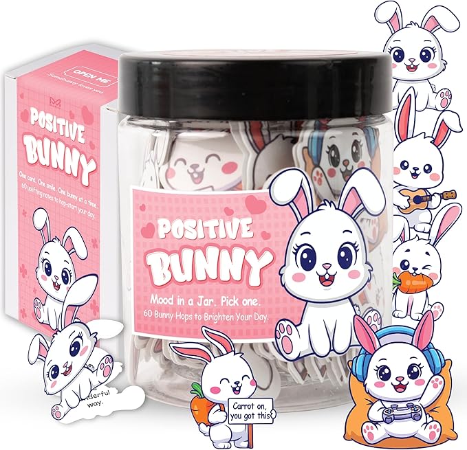 60 Positive Bunny Cards Jar, Emotional Support Bunny Gifts for Women - Daily Affirmation Cards for Women, Positive Affirmations Teen Girl Gifts Trendy Stuff, Gift for Coworkers