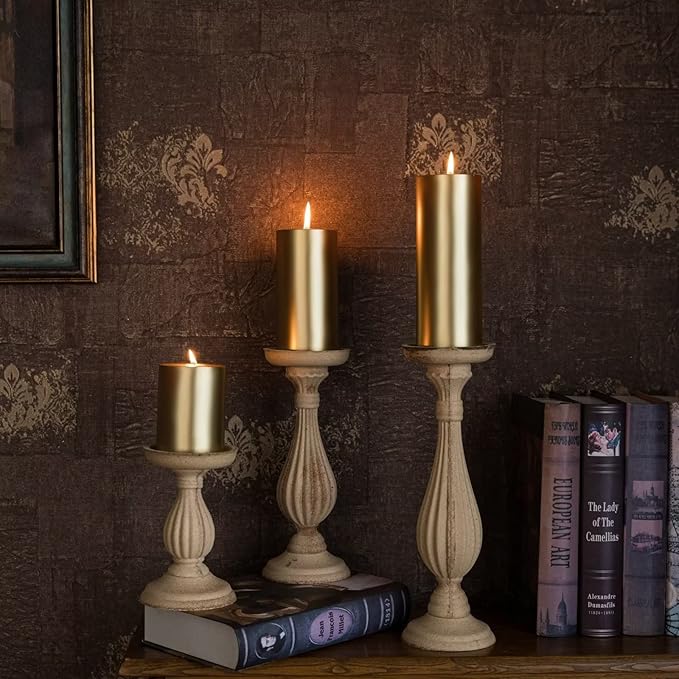 MOZEAL 3" x 6" Hand-Poured Unscented Candle,Dripless Pillar Candle Set of 3,Long Lasting Burning,Approx 120 Hours Burn Time,Rustic Country Style,for Wedding,Dinner,Christmas and Home Decor,Gold
