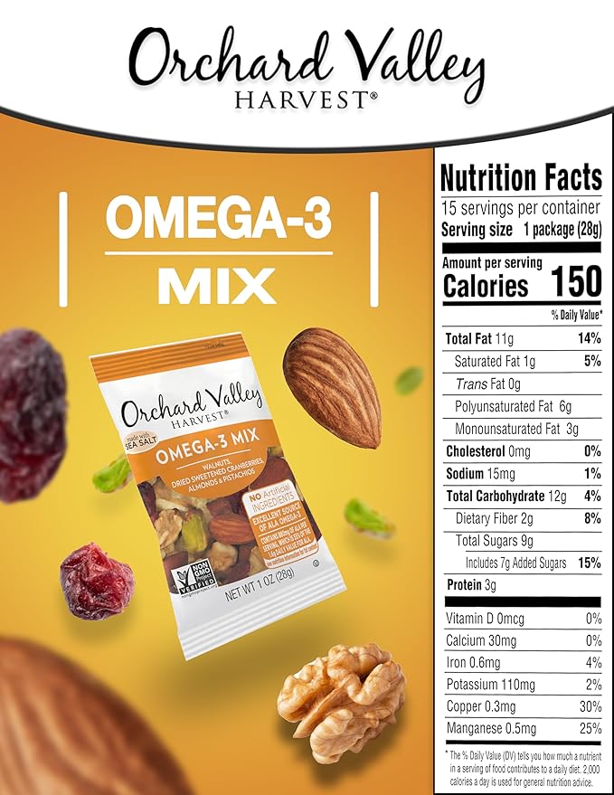 Orchard Valley Harvest Omega-3 Mix, 1 Ounce Bags (Pack of 15), Walnuts, Cranberries, Almonds, and Pistachios, Gluten Free, Non-GMO, No Artificial Ingredients, Healthy Snacks for Adults