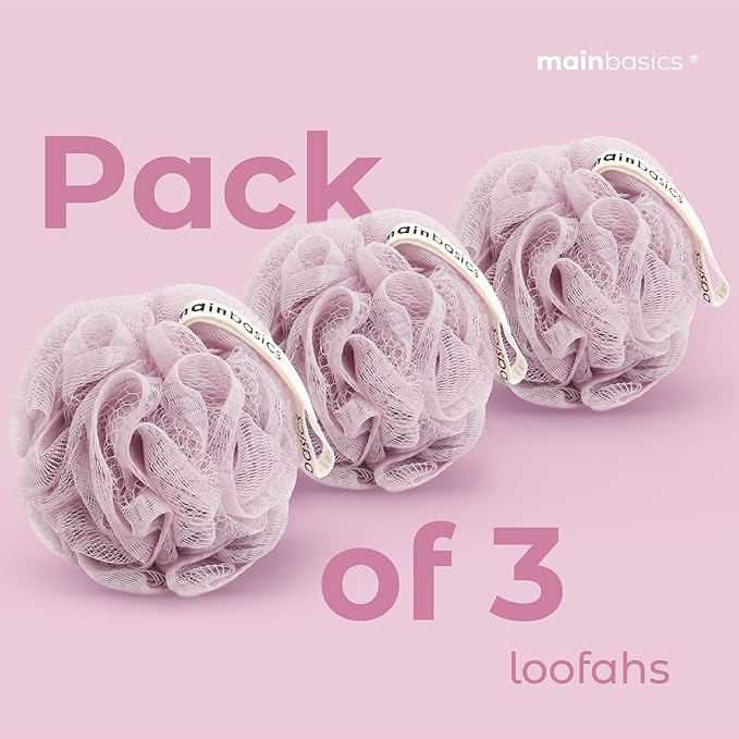 MainBasics Bath Shower Loofah Sponge Pouf Body Scrubber Exfoliator Body Wash Sponge (Set of 3, Perfectly Pink)