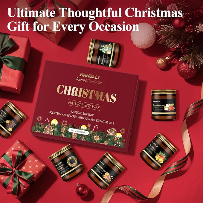 Christmas Scented Candles Set, 6 Pack Winter Scented Candles for Home, Holiday Gifts for Women & Men, Soy Candles Scents of Christmas Tree, Spice, Wreath, Apple Cinnamon, Chocolate Orange, Jingle Bell