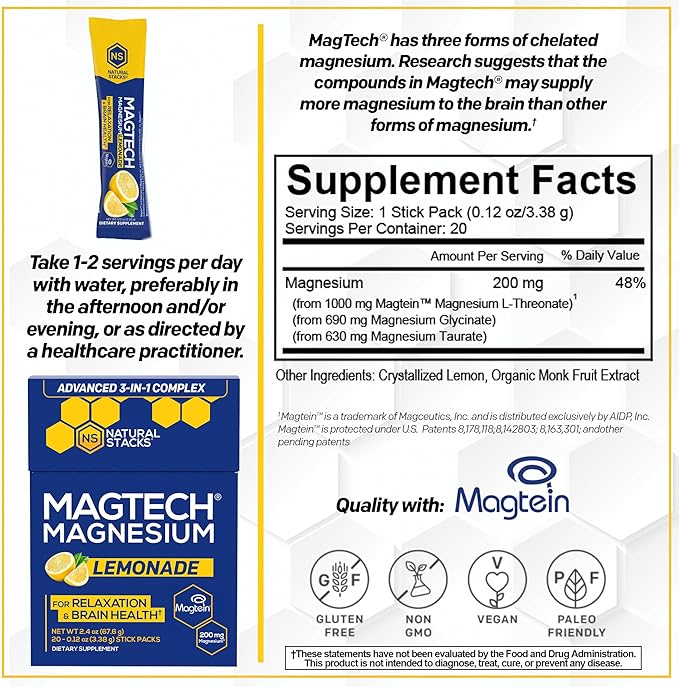 MagTech Magnesium Drink Mix - Sugar Free Lemonade - 3 Forms of Magnesium: Magtein L-Threonate, Glycinate & Taurate - 200mg Chelated Magnesium Complex - Supports Relaxation & Brain Health - 20 Servings