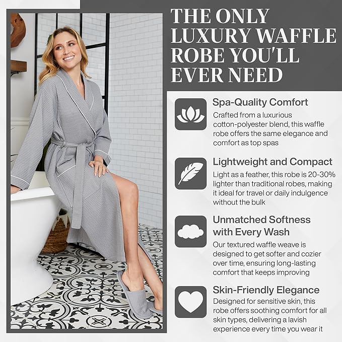 Lotus Linen Waffle Robes for Women - Lightweight Cotton Kimono Bathrobe - Long Soft Spa Bath Robe