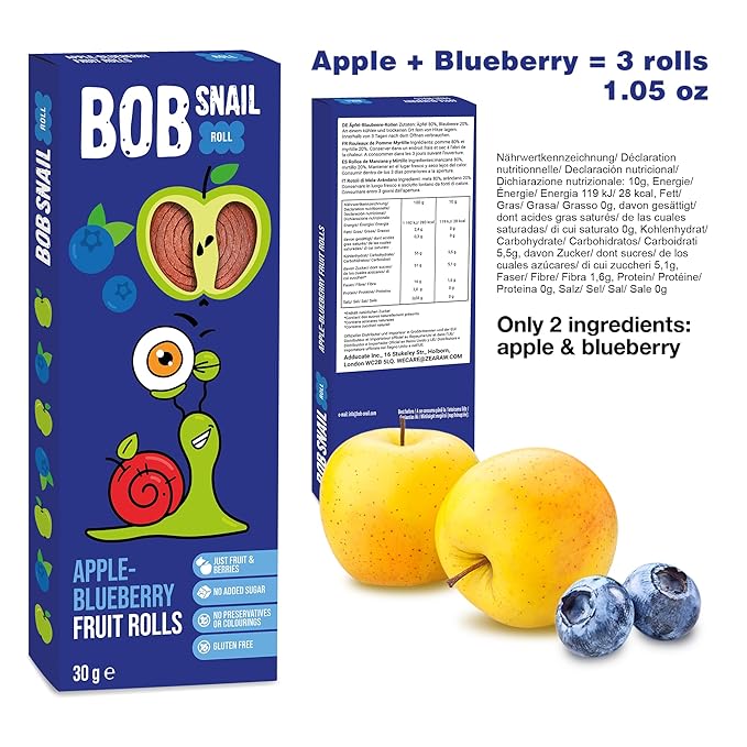 BOB SNAIL Healthy Organic Fruit Snacks for Kids and Adults – 30 Organic Fruit Leather Snacks with Pear & Apple, Blueberry, Mango – Vegan Low-Carb Variety Pack Strips for Kids – Sugar Free Jerky Bars