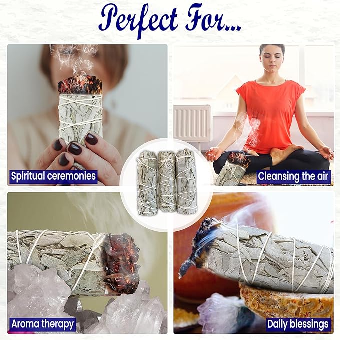 White Sage Sticks Pack of 3, Sage Smudge Kit 4'' Long Dried Sage Sticks for Meditation, Smudging and Cleansing, Getting Rid of Negative Energy