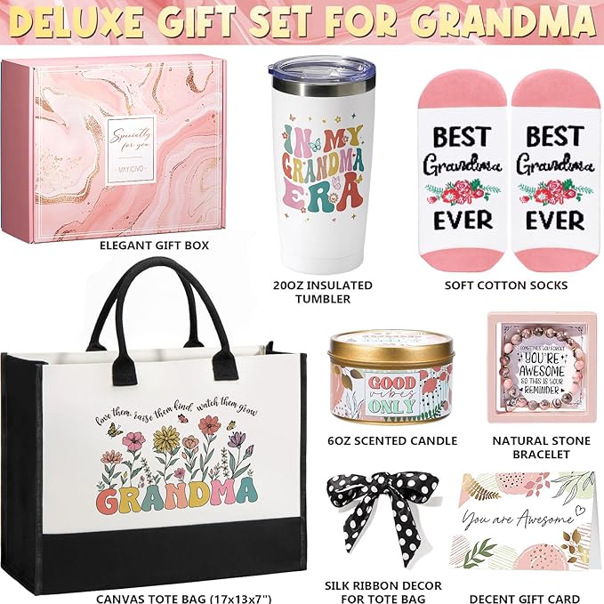 Gifts for Christmas Grandma Gifts for Nana from Granddaughter Grandchildren Grandkids, Unique Grandmother Birthday Gift Best Nana Gift Basket for Gigi Grandmother New Grandma with Canvas Tote Bag
