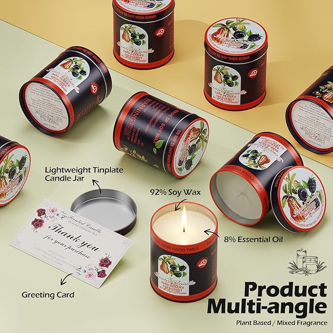 Premium Dark Berries & Bergamot Soy Wax Scented Candle Set - 9oz x 2 Pack, 80-Hour Burn Time, 8% Essential Oils for Aromatherapy Tin Jar Candle, Smoke-Free Relaxation,Yoga & Spa Gifts for Women/Men
