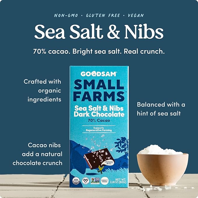 GoodSAM Organic Sea Salt & Nibs 70% Dark Chocolate (Pack of 3) - Non GMO, Vegan, Regenerative Farming, Direct Trade