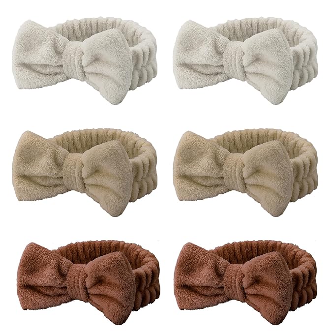 Casoty 6 Pcs Spa Headbands, Hair Holder for Washing Face, Soft Coral Fleece Microfiber Headband, Bow Hair Bands, Beauty Headbands for Face Washing Shower Skin Care Yoga