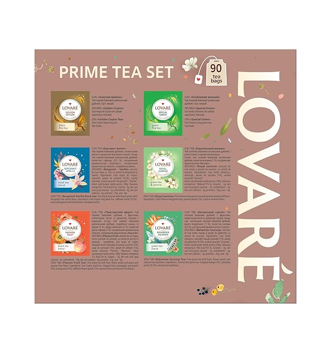 Lovare Black and Green Tea Bags Variety Pack - Made in Ukraine Tea Sampler - Individually Wrapped 90 Assorted Tea Bags - Gift Box For Tea Lovers (PRIME TEA SET)