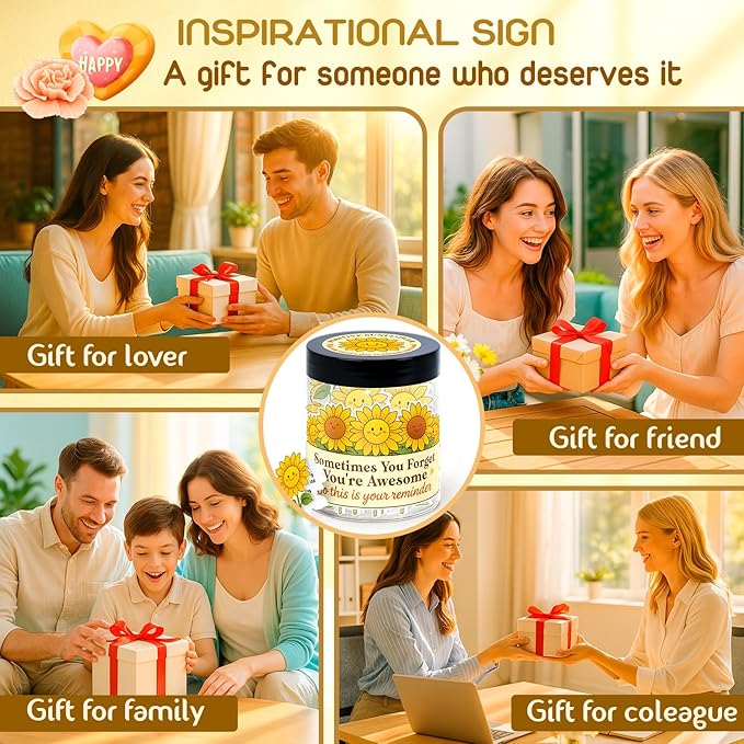 Inspirational Gifts for Women - Emotional Support Positive Sunflower Gift - Sometime You Forget You're Awesome - 60 Positive Affirmation Cards Jar, Thank You Gift for Coworker, Sister Friend, Teacher
