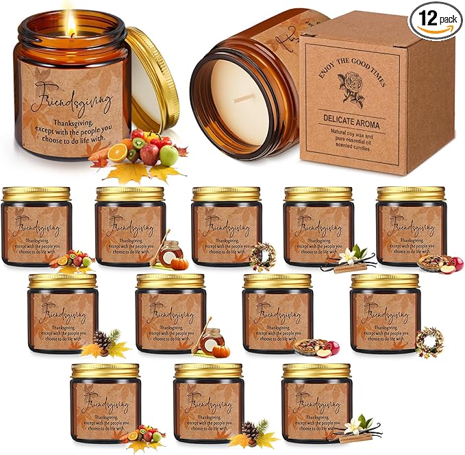 12 Pcs Thanksgiving Gifts Fall Scented Candles Set 3.5 Oz Soy Wax Pumpkin Scented Glass Jar Candle Friendsgiving Gift for Friends Coworker Women Men Autumn Birthday (Amber)