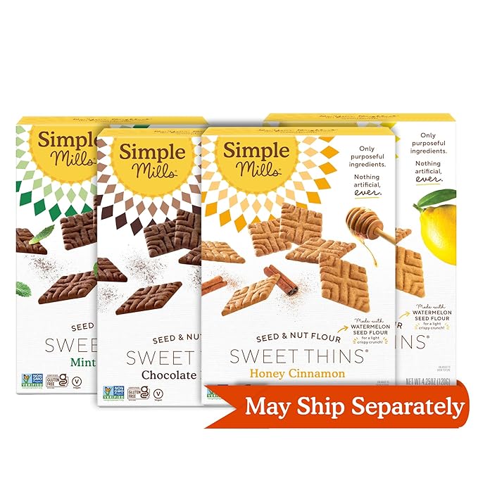 Simple Mills Sweet Thins Cookies Variety Pack, Seed and Nut Flour (Mint Chocolate Chip, Honey Cinnamon, Chocolate Brownie, and Lemon) - Gluten Free Healthy Snacks, 4.25 Ounce (Pack of 4)