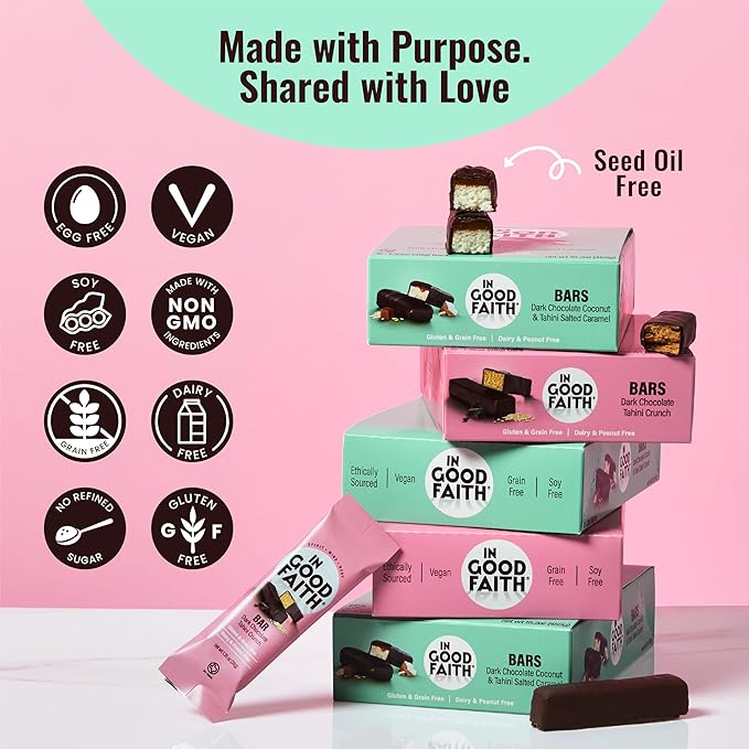 In Good Faith Dark Chocolate Tahini Crunch Bars, Healthy, Gluten Free, Vegan, Dairy Free Chocolate Bars (12 pack)