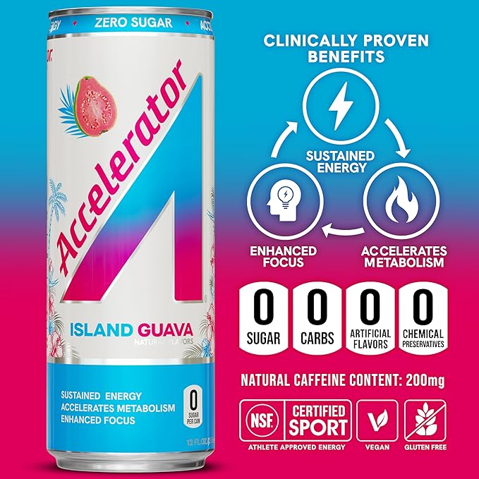 Accelerator Energy Drink Sugar Free, Island Guava 12oz can(12 pack),Zero Sugar Energy Drinks with Sustained Energy from 100% Natural Caffeine (200mg) & Green Tea extract