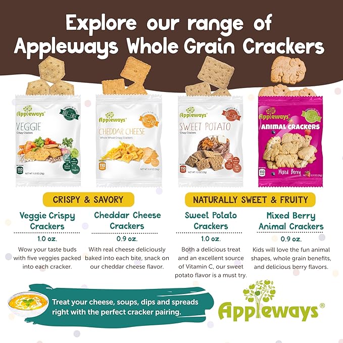 Appleways Sweet Potato Crackers, Bulk Pack of 4 Bags (20 oz Each), All-Natural Whole Grain Crackers, Healthy Snack for Kids & Adults, Kosher Certified Kids Lunch Snacks, Made in USA