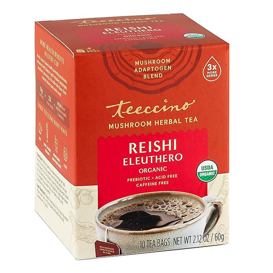 Teeccino Reishi Eleuthero Tea - French Roast - Organic Mushroom Adaptogenic Herbal Tea, 3x More Herbs than Regular Tea Bags, Caffeine Free, Chicory Prebiotic - 10 Tea Bags