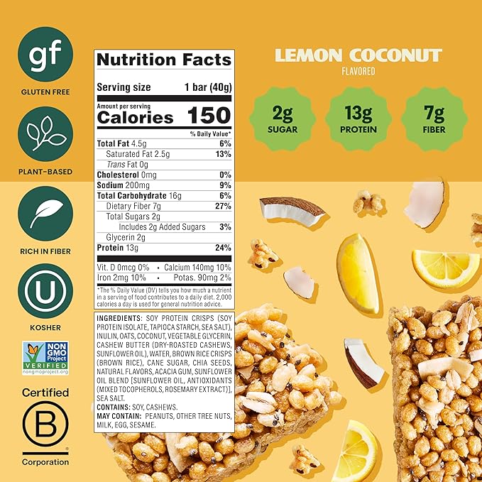 Simply Protein - Lemon Coconut Crispy Bars - Plant Based Protein Bars - Low Carb, Low Sugar, High Fiber - 13g Protein, 2g Sugar, 7g Fiber - Vegan, Gluten Free, Non GMO, Kosher - 24 Bars