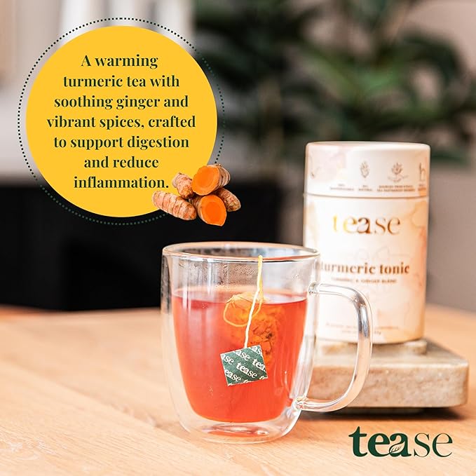 Tease Tea Turmeric Ginger Tea - Turmeric Tonic Herbal Tea, Anti-Inflammatory, Caffeine Free Drink Made with Ginger, Turmeric Root, and Calendula for Digestion Support and Tension Soothing