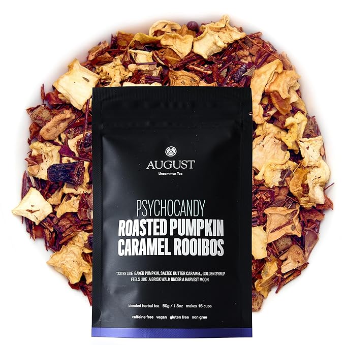 August Uncommon Psychocandy Loose Leaf Tea – Roasted Pumpkin Caramel South African Rooibos Tea – Vegan, Gluten-Free & Non-GMO – Creamy Caramel Flavor for Bedtime – Resealable 1.75oz Pouch (15-30 Cups)