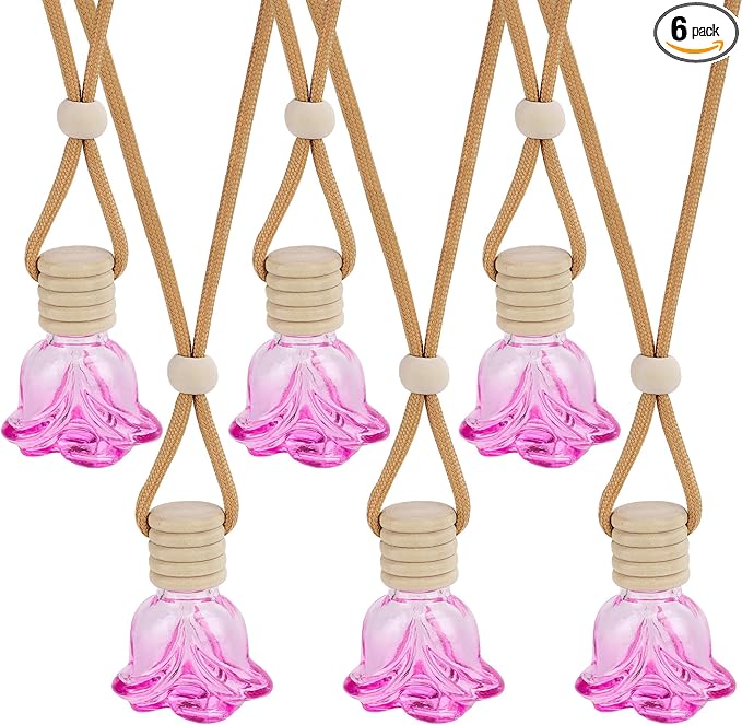 6Pcs Flower Shape Air Freshener Car Hanging, Car Aromatherapy Essential Oil Diffuser Bottle, Refillable Perfume Bottles Pendant Auto Interior Decor for Essential Bottle Ornament (Pink)