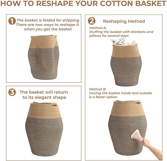 Goodpick 105L Jute Woven Rope Laundry Hamper - Collapsible Clothes Hamper for Bedroom and Laundry Room, 25.6" x 17.7" Tall Modern Baskets for organizing and décor Room