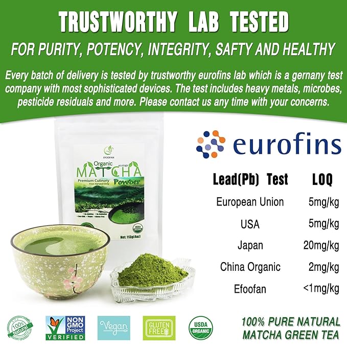 EFOOFAN Organic Matcha Green Tea Powder, Premium Culinary Grade(4oz), Japanese Tencha Tea Flavor, First Harvest, Te Macha Organico for Latte, Baking, Smoothie