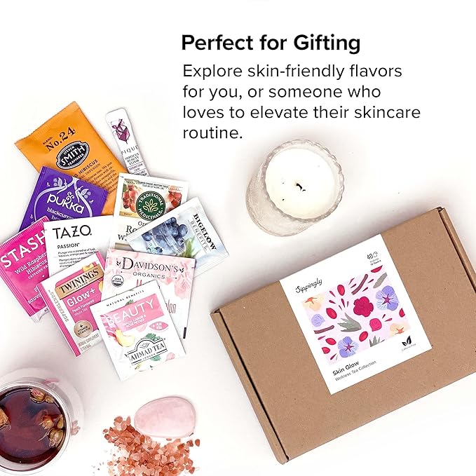 Skin Glow Wellness Tea Sampler - 40 Tea Bags, 10 Flavors - Hibiscus, Rosehip, Aloe Vera, Licorice Root - Vegan, Gluten-Free, Organic Herbal Tea Gift for Skincare Lovers
