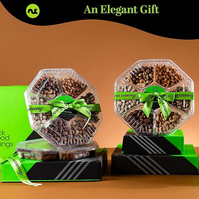 NUT CRAVINGS - Diwali Sweets Hamper Mixed Nuts Gift Basket + Green Ribbon (7 Assortments, 2.2 LB) Food Arrangement, Healthy Snack Care Package, Food Assortments