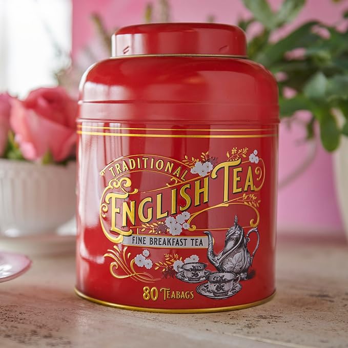 New English Teas Vintage Victorian Tea Caddy with 80 English Teabags (Red)