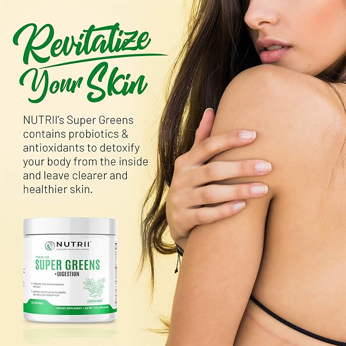 Organic Green Immunity Superfood Powder - Soothes Digestion, Boosts Healthy Vitality and Energy. Fast Acting Formula with Probiotics, Enzymes, Turmeric and Ashwagandha (30 Servings Lemon-Mint)