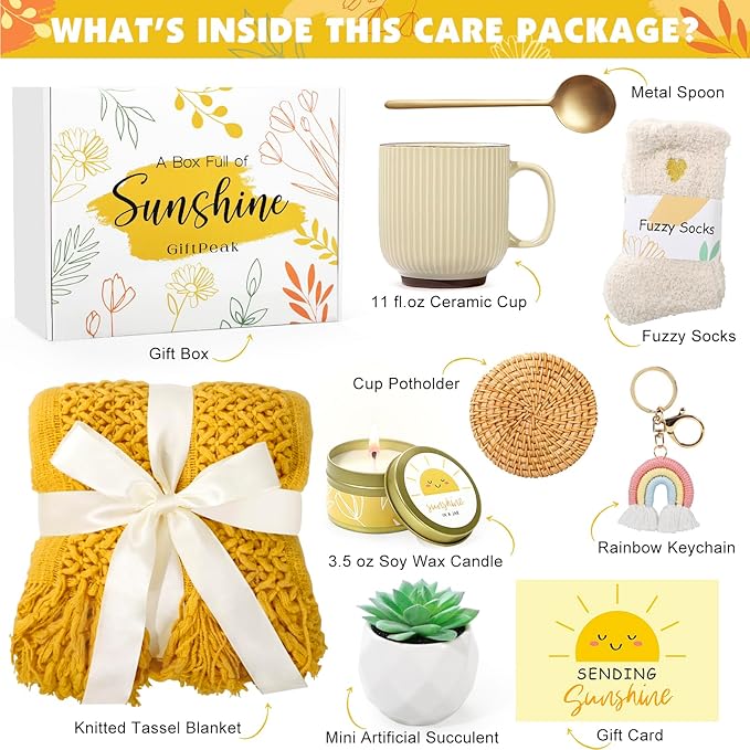 Sending Sunshine Care Package for Women, Birthday Gifts for Woman, Self Care Gift Baskets, Sunflower Gifts for Women, Get Well Soon Encouragement Gift for Her Sister Best Friend (Yellow)