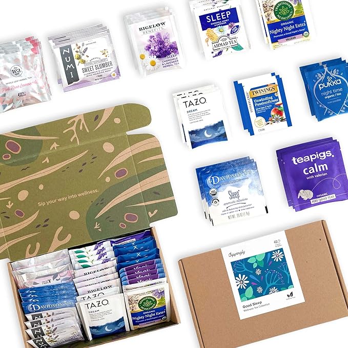 Sippingly Sleep Tea Sampler – 40 Herbal Tea Bags, 10 Calming Flavors with Valerian Root, Passionflower, and Lavender – Bedtime, Nighttime Tea for Sleep and Relaxation