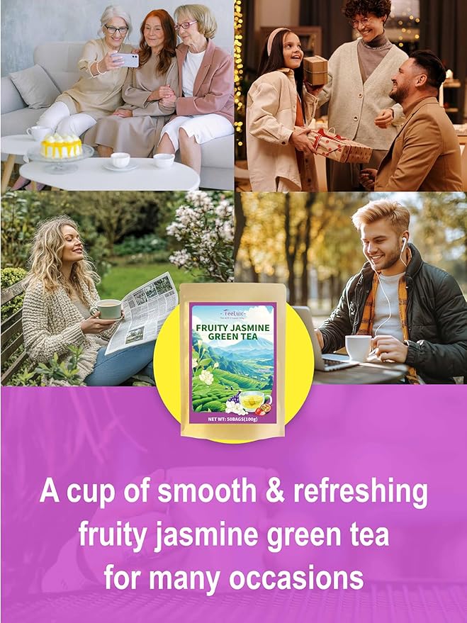 TeeLux Fruit Scented Jasmine Green Tea, Brisk Green Tea with Natural Fruity Jasmine Flavor, Pleasant Floral & Fruit Aroma, 50 Count