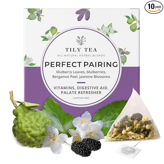 Tily Tea Perfect Pairing Herbal Tea - Mulberry Leaf Tea for Digestive and Gut Support - Caffeine Free - 10 Plastic-Free Tea Bags