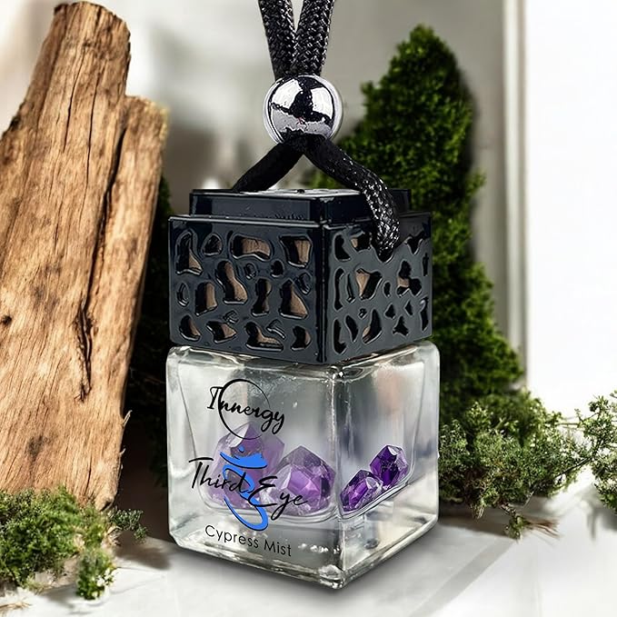 Innergy Third-Eye Chakra Crystal Infused Car Air Freshener - Portable 8 ml. Hanging Essential Oil Diffuser for Vehicle, Long-Lasting Fragrance, Eco-Friendly Design, Freshness On The Go!