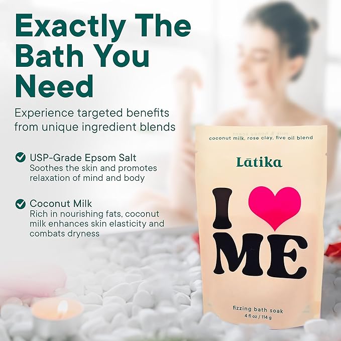 Latika Soak Set of 3 - I Heart Me Bath Soaks with Oats, Milk & Honey for Self-Love & Self-Care – for Relaxation, Muscle Recovery & Skin Nourishment – Stress Relief Soaking Salts