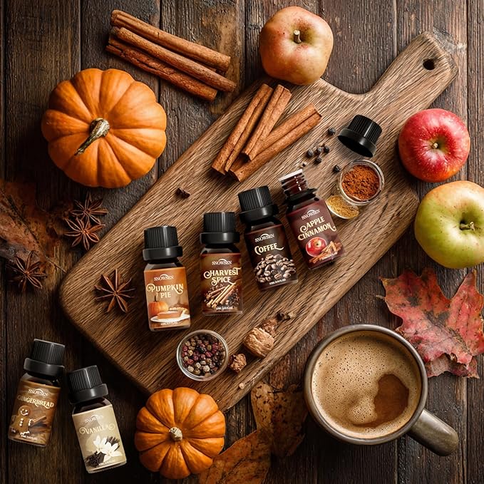 Spice Essential Oils for Diffuser for Home, SNOWSEN Aromatherapy Oil Set - Apple Cinnamon, Pumpkin Pie, Gingerbread, Coffee, Vanilla, Harvest Spice, Autumn Fragrance Oils Gift Set